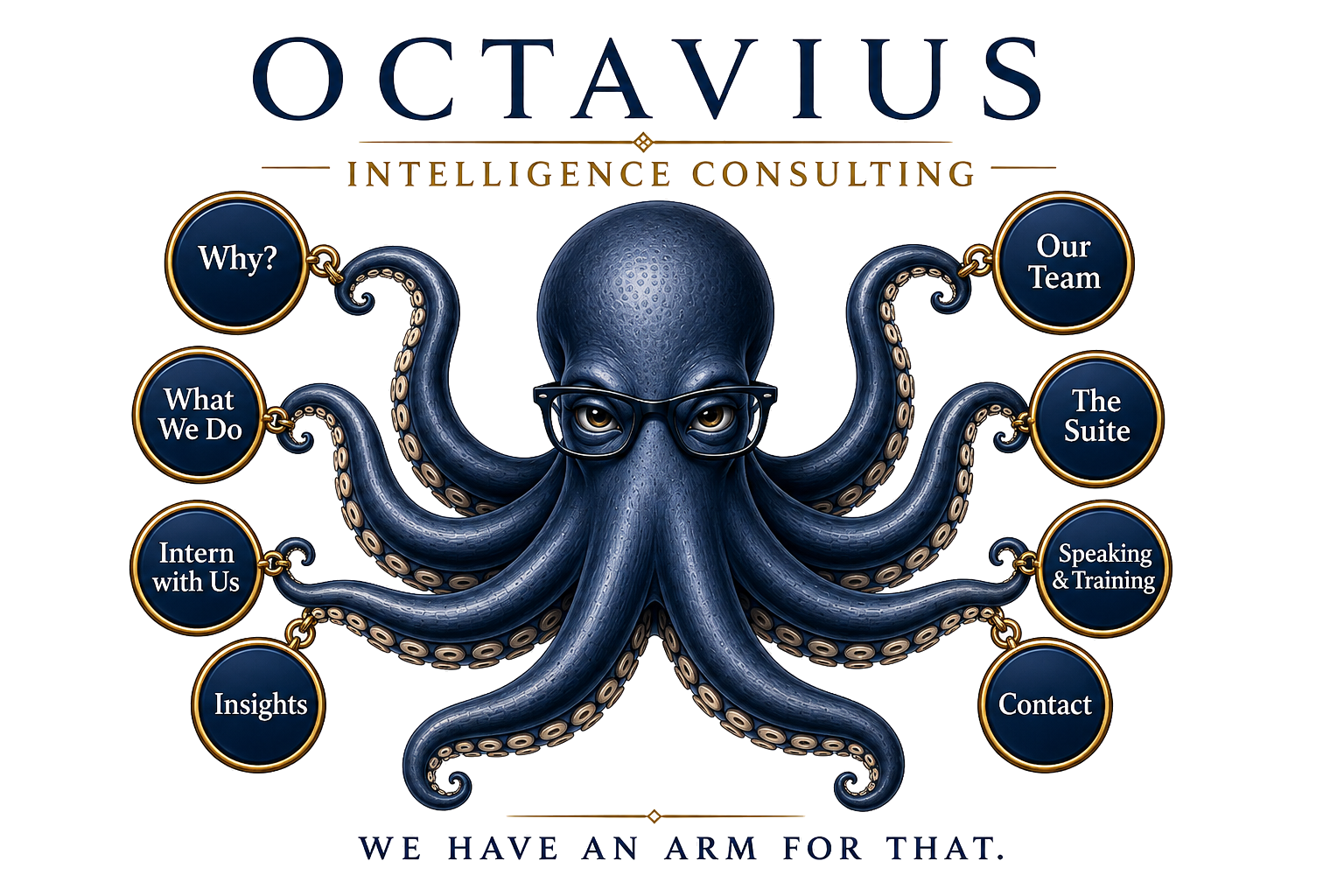 Octavius Intelligence Consulting — a bespectacled octopus whose eight arms hold rings labeled Why?, What We Do, Intern with Us, Insights, Our Team, The Suite, Speaking and Training, and Contact. We have an arm for that.